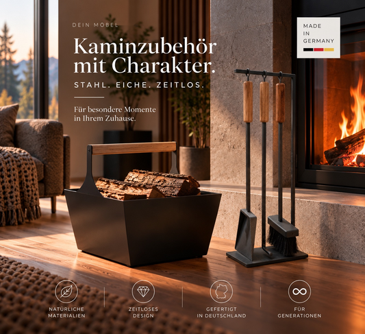 DEIN MÖBEL – Kaminholzkorb und Kaminbesteck aus Stahl und Eiche im Wohnraum