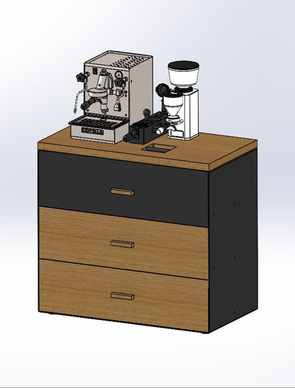CAD-Darstellung eines Barista-Sideboards mit drei Schubladen und Espresso-Setup