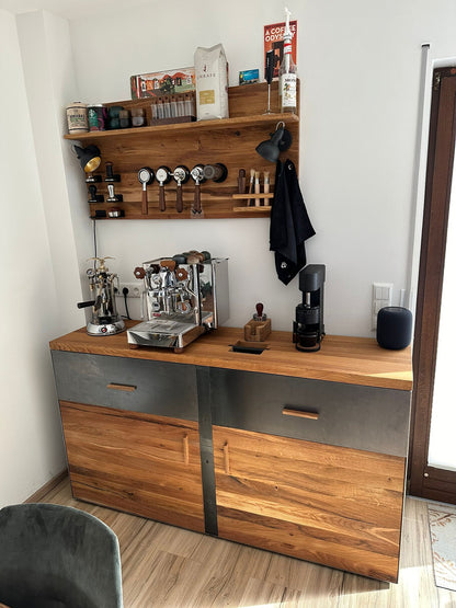 Wandhalter aus Eiche für Siebträger, Tamper und weiteres Barista-Zubehör